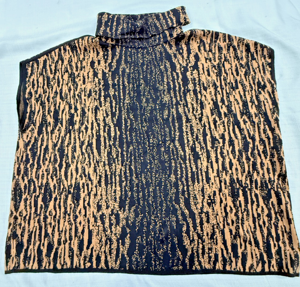 Anne Klein Luxe Women's Poncho Sweater Size L Black Tan Animal Print Mock Neck